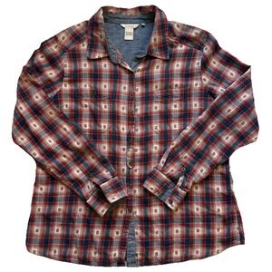 Sundance Flannel Plaid Blouse Top Size Large Embroidered Red Blue Boho Western